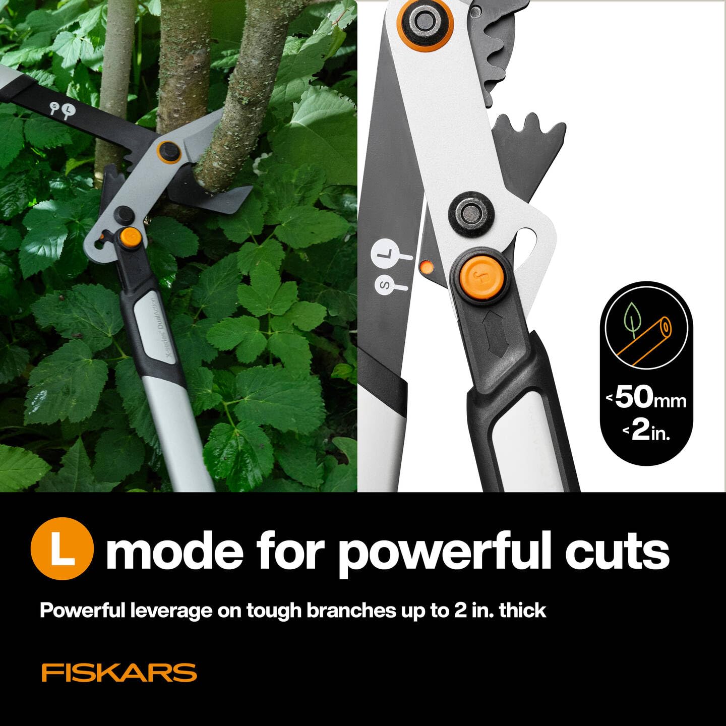 Fiskars X-Series DualAction Sécateur Bypass LX108, Mode 2-en-1 pour des Coupes Rapides ou Puissantes, Lames en Acier Antiadhésif/Bras en Aluminium Léger avec Poignée Souple, Noir/Orange, 1080133