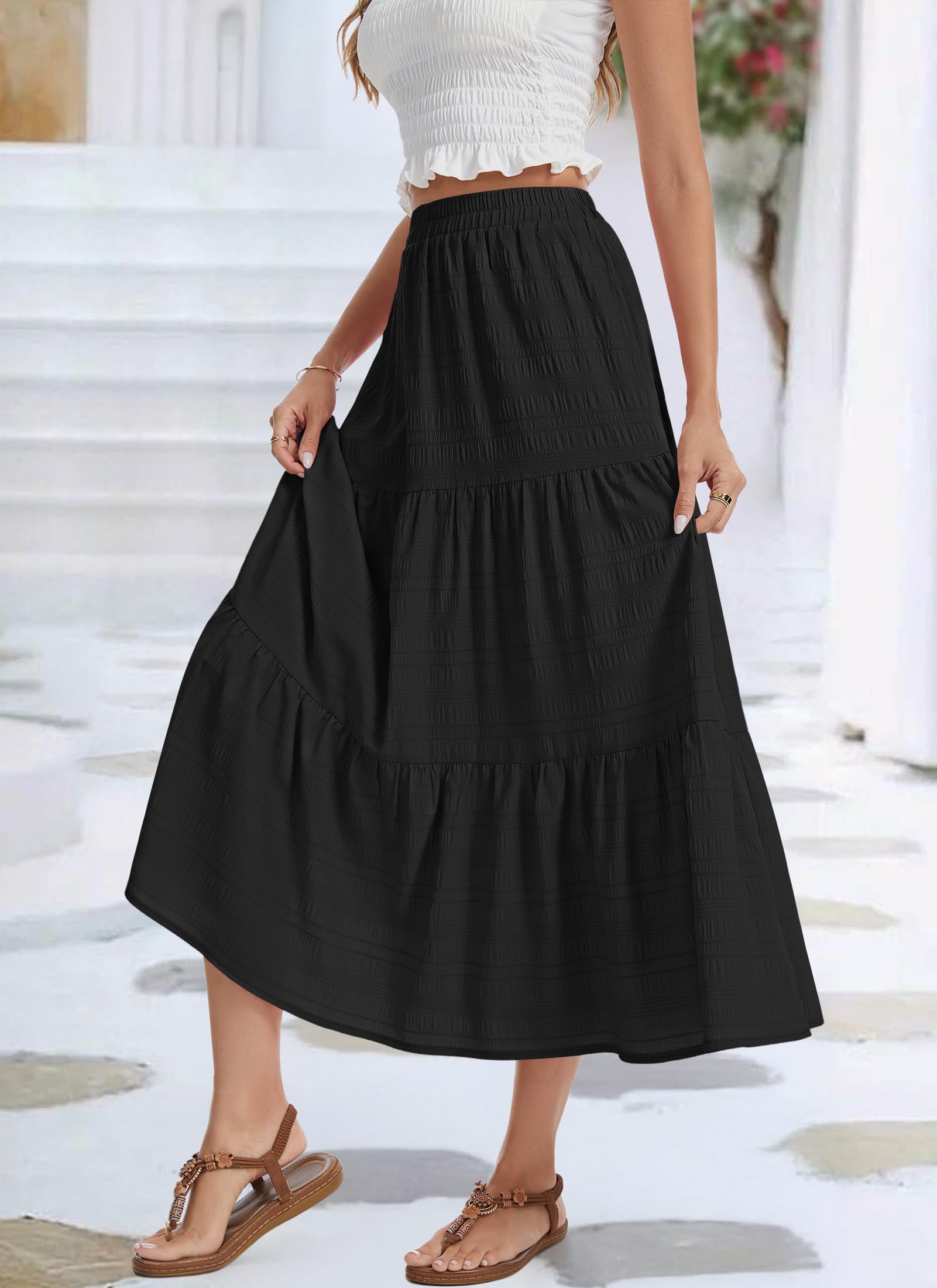 MOLERNAI Damen Rock Sommer Hohe Taille Einfarbig Maxirock Stufenrock Elegant A-Linie Freizeitrock Rock mit Taschen