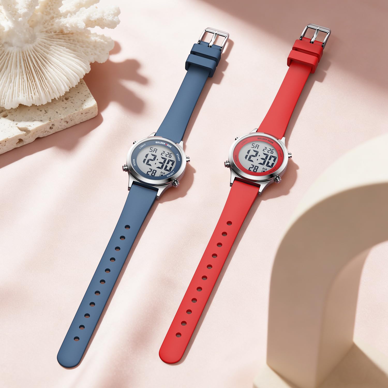 GOLDEN HOUR Orologi digitali da donna impermeabili con cinturino in silicone, cronografo da 32 mm