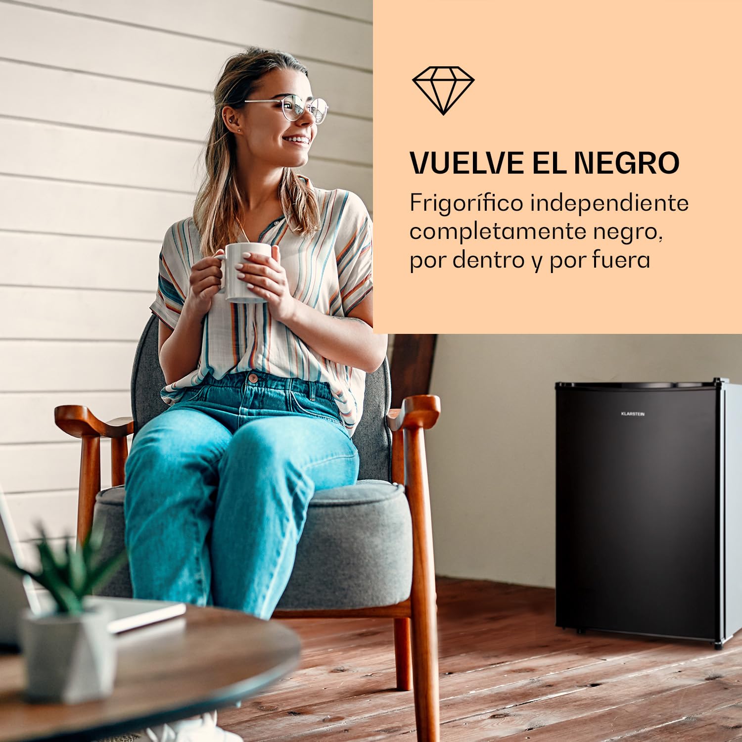 Klarstein Obsidian - nevera, 72 litros de volumen, interior y exterior en negro, 7 niveles de potencia, cajón de verdura, emisión de ruido de 42 dB, negro