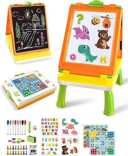 Miniatura 8 de Elovien Caballete para niños, caballete de mesa para niños pequeños, caballete de arte plegable 4 en 1 de doble cara para niños con pizarra y