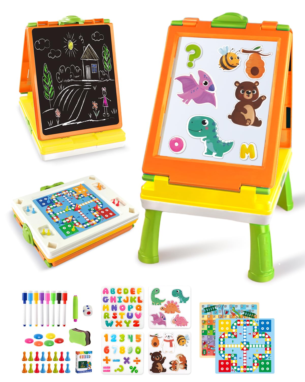Elovien Kids Easel, 4 in 1 Double Sided Toddler Art Easel with Chalkboard & Magnetic Whiteboard, Foldable Tabletop Easel with Drawing & Writing Accessories - Educational Toy for Boys Girls (Orange)