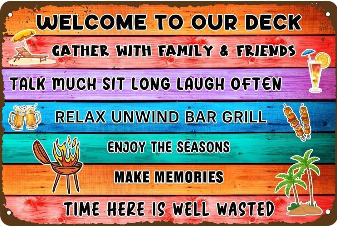 SMAZDFXX Funny Metal Tin Sign Welcome to Our Deck for Party Outdoor Yard Farmhouse Decoration Wall Art Decor Accessories Poster 5.5"x8"