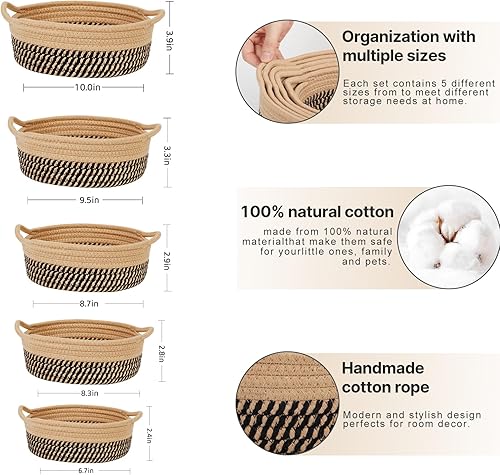 Miniatura 8 de Ladkew Juego de cestas de almacenamiento de 5 piezas, cestas tejidas de cuerda de algodón para organizar pequeñas cestas redondas para bebés