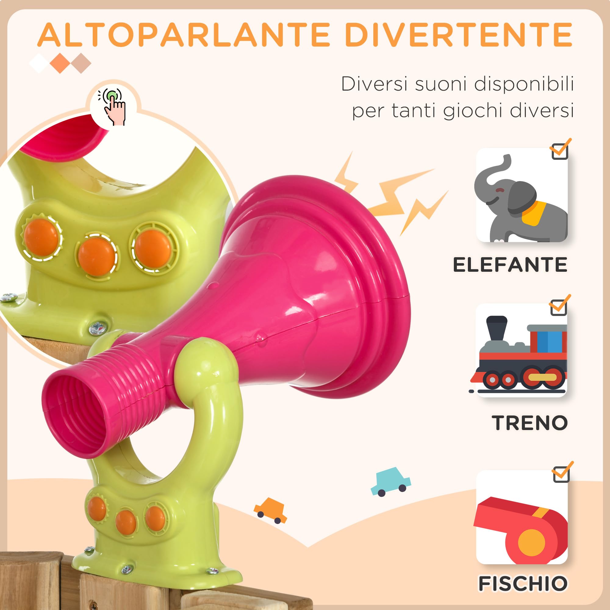 Outsunny Set 4 in 1 con Scivolo, Altalena da Giardino, Volante e Corno Sonoro, Giochi da Esterno per Bambini Età 18-48 Mesi, Struttura in Legno e Plastica, Rosso