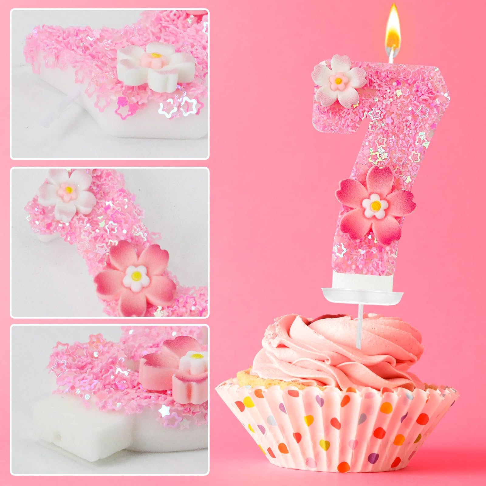 Vela de cumpleaños de flor rosa, velas de cumpleaños número 7 para pasteles, decoración ideal para fiestas de cumpleaños, aniversario de boda y otras celebraciones (flor 7)