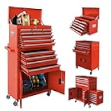 13-Drawer Rolling Tool Chest with Double Doors, 2 in 1 Detachable Rolling Tool Chest with Drawers, Metal Large Lockable Tool Box，Mobile Tool Cabinet Combo for Garage Workshop (Red)