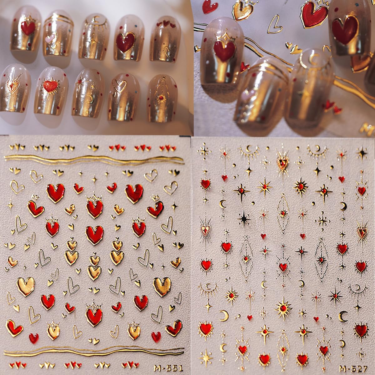 2 Sheets 5D Embossed Heart Nail Stickers for Nail Art Gold Red Nail Art Stickers Self Adhesive Valentine's Day Nail Decals Star Nail Design for Women