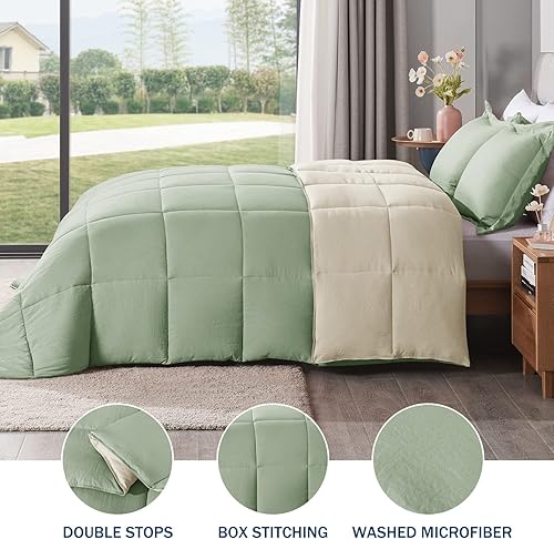 Miniatura 3 de LOVTEX Juego de edredón de 3 piezas, tamaño Queen, color salvia, microfibra lavada ultrasuave, edredón reversible de plumón alternativo beige Queen