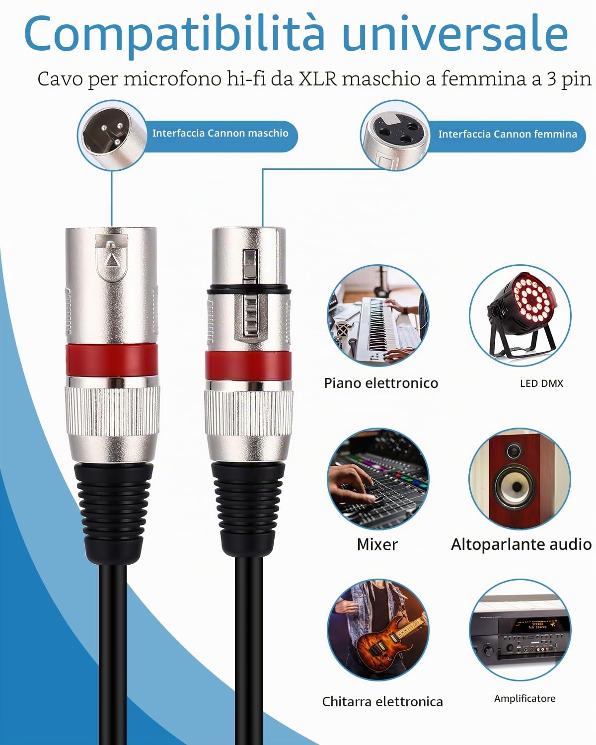 Xespis 6 Pezzi Cavo XLR Bilanciato 5M per Luci DMX, Illuminazione Scenica e Microfoni - Spina a 3 Pin