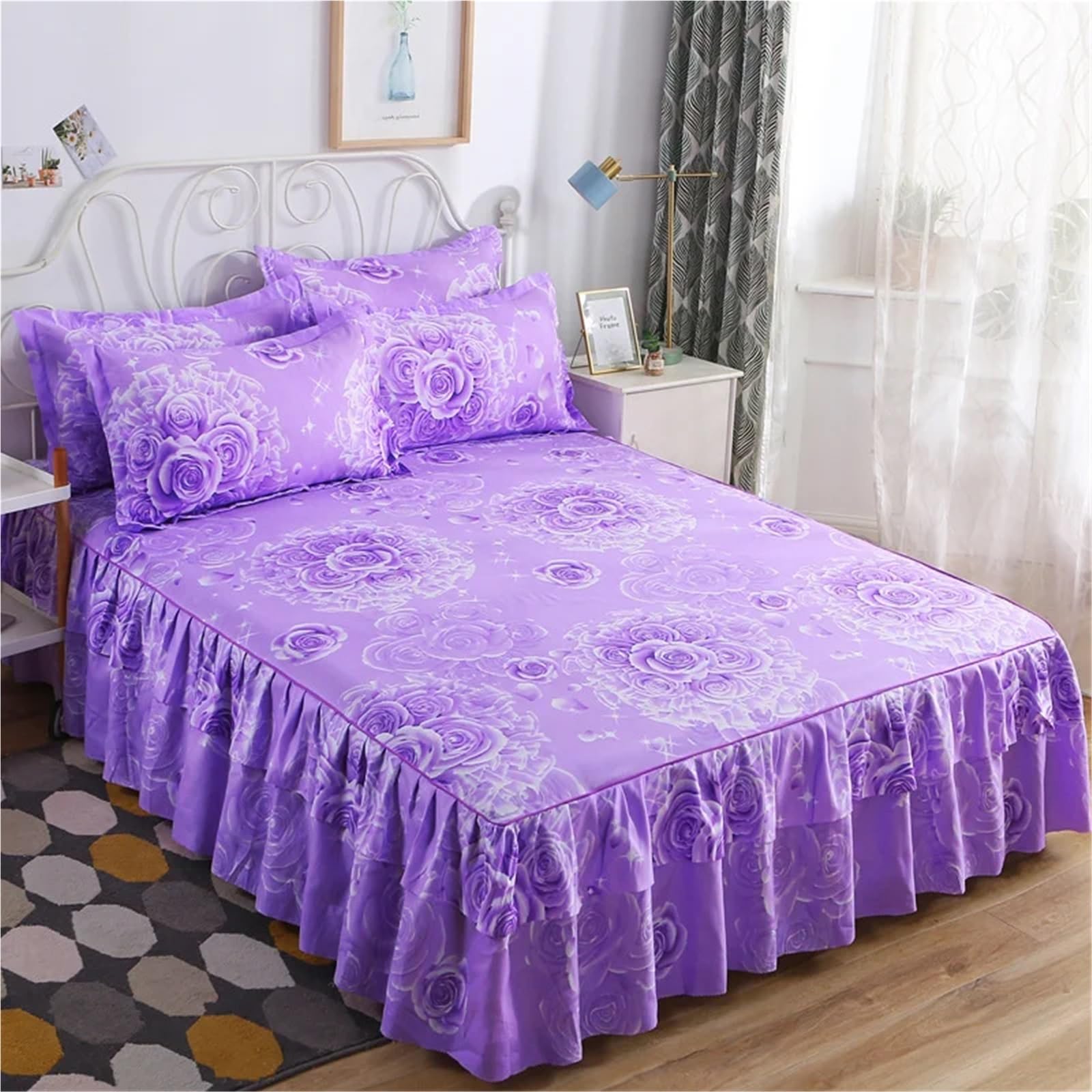 3pcs Bedding Simple Flower Bed Skirt With Pillowcases Wedding Bedspread Bed Sheet Mattress Cover(Color-12,3pcs 180x200cm)