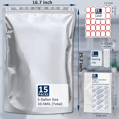 Miniatura 2 de Paquete de 15 bolsas de Mylar de 5 galones con absorbentes de oxígeno, bolsas de Mylar de 10.5 mil para almacenamiento de alimentos con 15