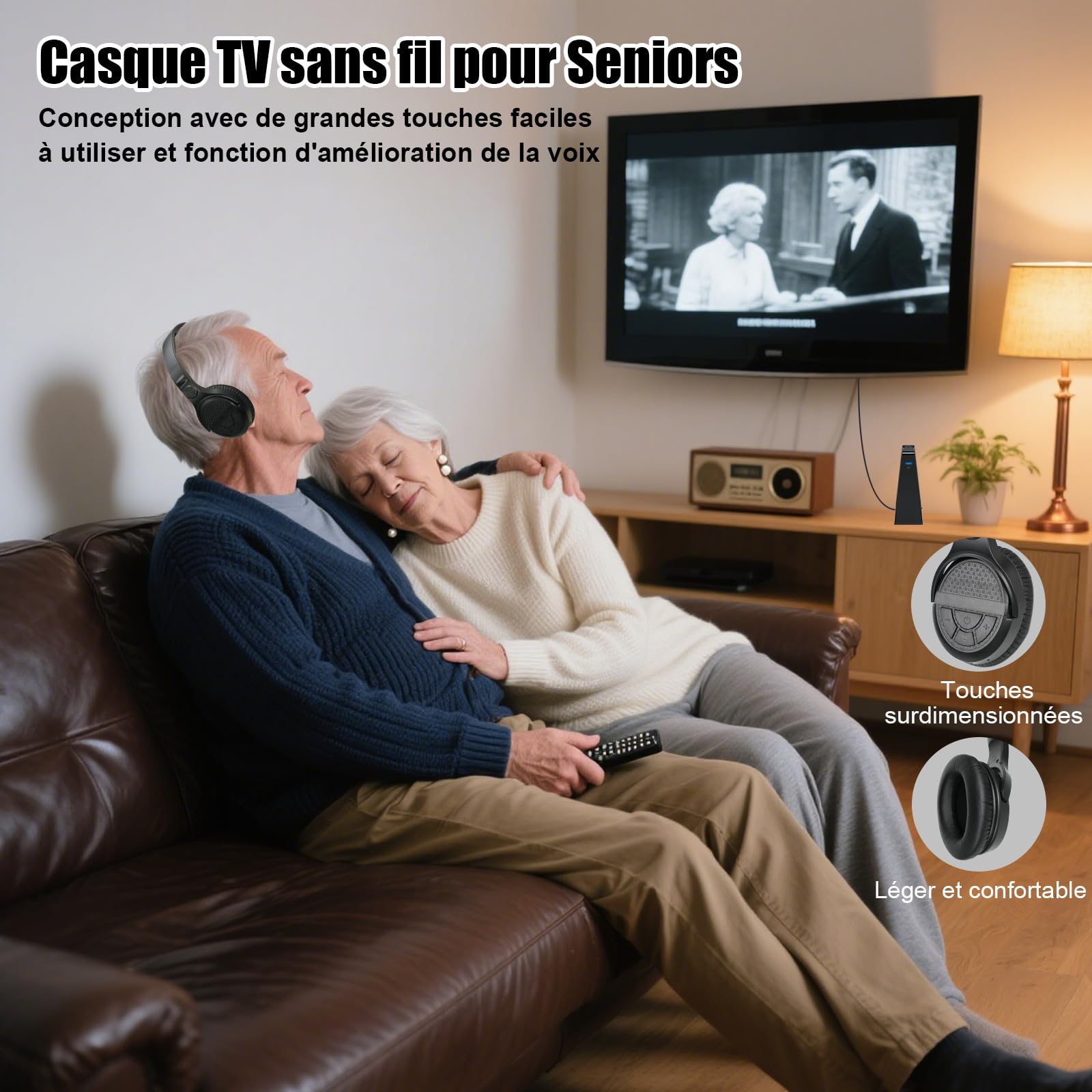 Casque TV sans Fil avec Base de Recharge, Casque sans Fil pour Regarder la Télévision, Gros Boutons de ContrôLe du Volume et Amplification du Son pour Les Personnes âGéEs, Casque LéGer et Confortable
