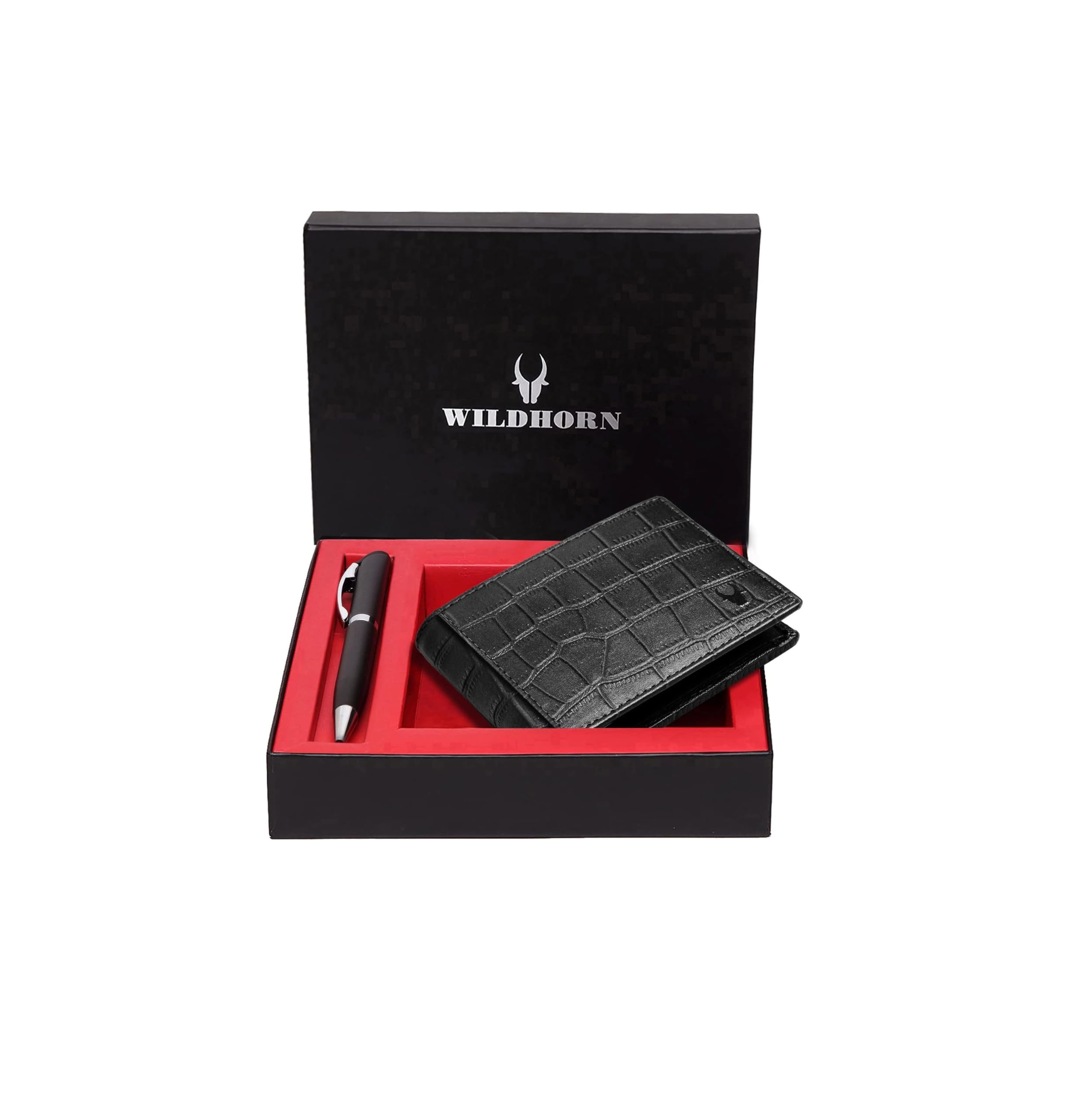WildHorn ® RFID Protected Black Genuine Leather Men's Wallet and Pen Combo