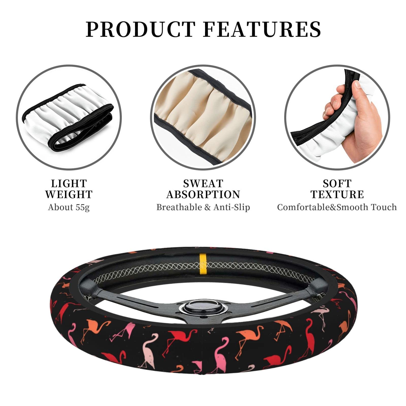 Colorido flamenco funda antideslizante para volante de coche, accesorios de coche, ajuste universal, 15 pulgadas, para hombres y mujeres