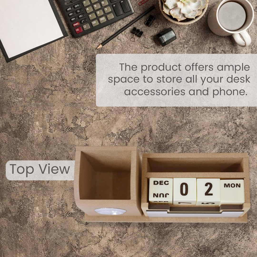 Giftana Personalized Pen Stand with Name,Table Watch,Table Calendar, Customized Desk Organizer for Doctors, Wooden Office Desk & Study New Year Corporate Gift for Employee (Beige, Silver) 4