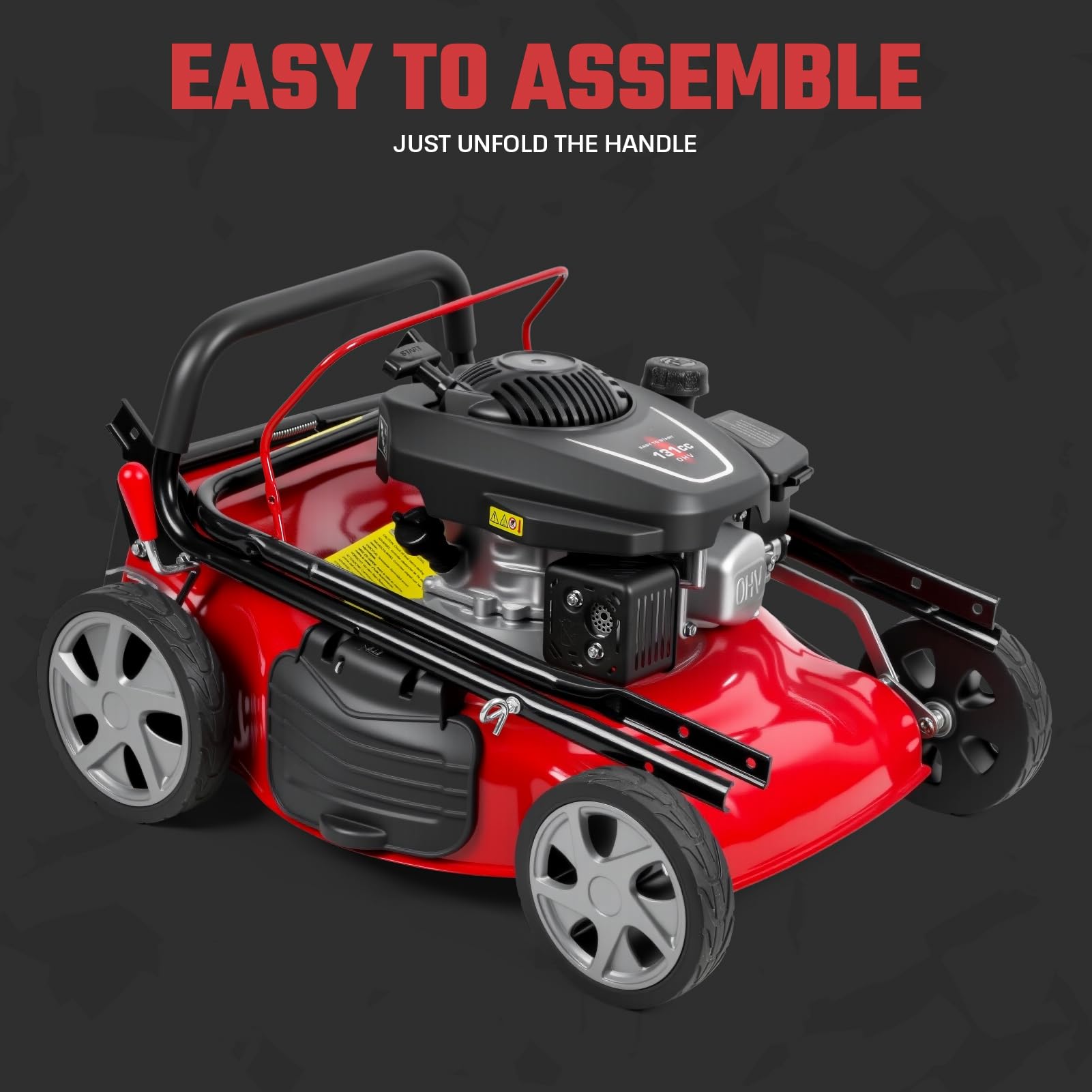 Cortacésped autopropulsado plegable de 19 pulgadas, cortacésped de gas 3 en 1 con motor de 4 ciclos de 131 cc, embolsado, mantillo y descarga lateral, altura de corte ajustable de 8 posiciones, fácil