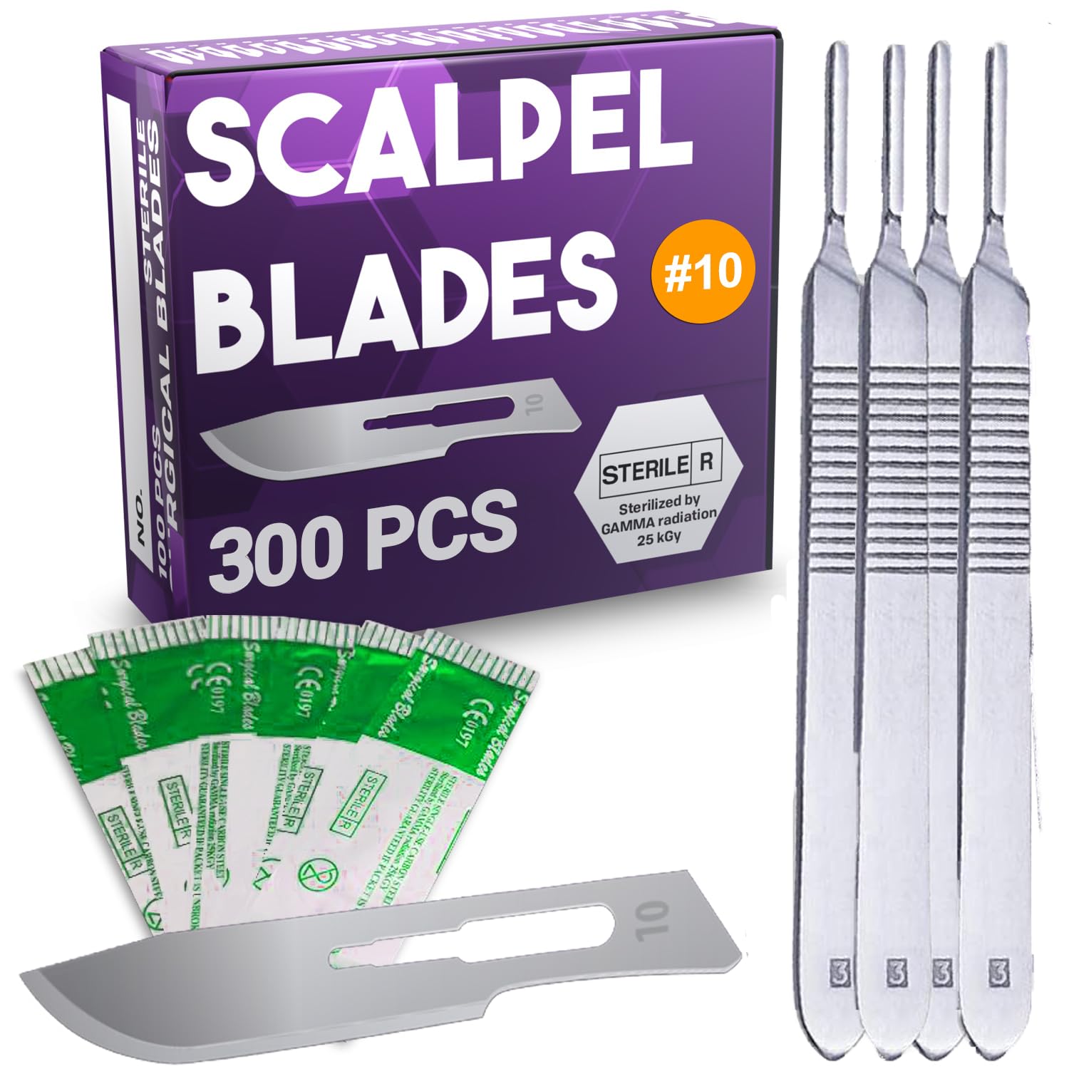 MyMed Pack of 4 Scalpel Handles + #10 Scalpel Blades 300 Pack Bundle Dermaplaning Blades #10