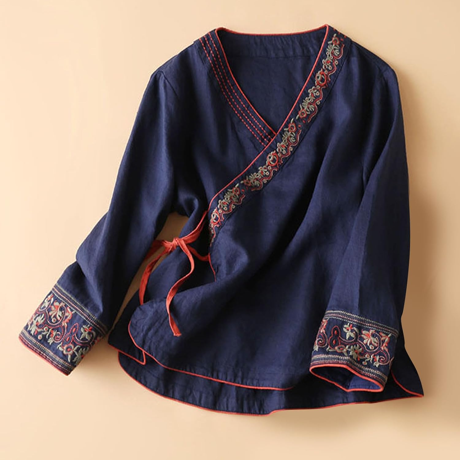 Women Floral Embroidered Cotton Linen Retro Chinese Frog Button Blouses Qipao Shirts Long Sleeve Side Slit Tops - Image 4