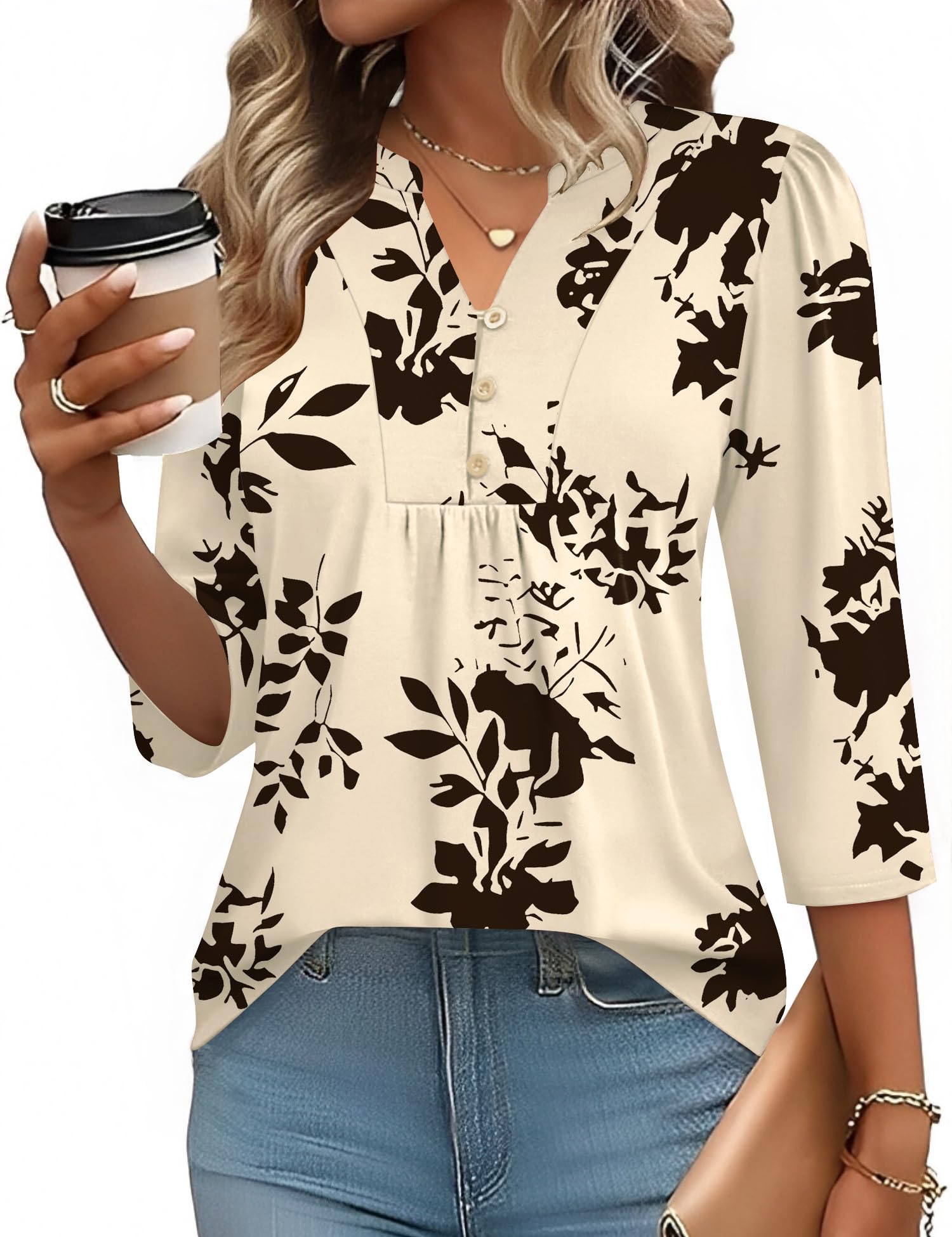 IECCP Bluse Damen 3/4 Arm Shirt V-Ausschnitt Tunika Sommer Tops Lässig Oberteil Elegant T-Shirt Mit Knopfleiste