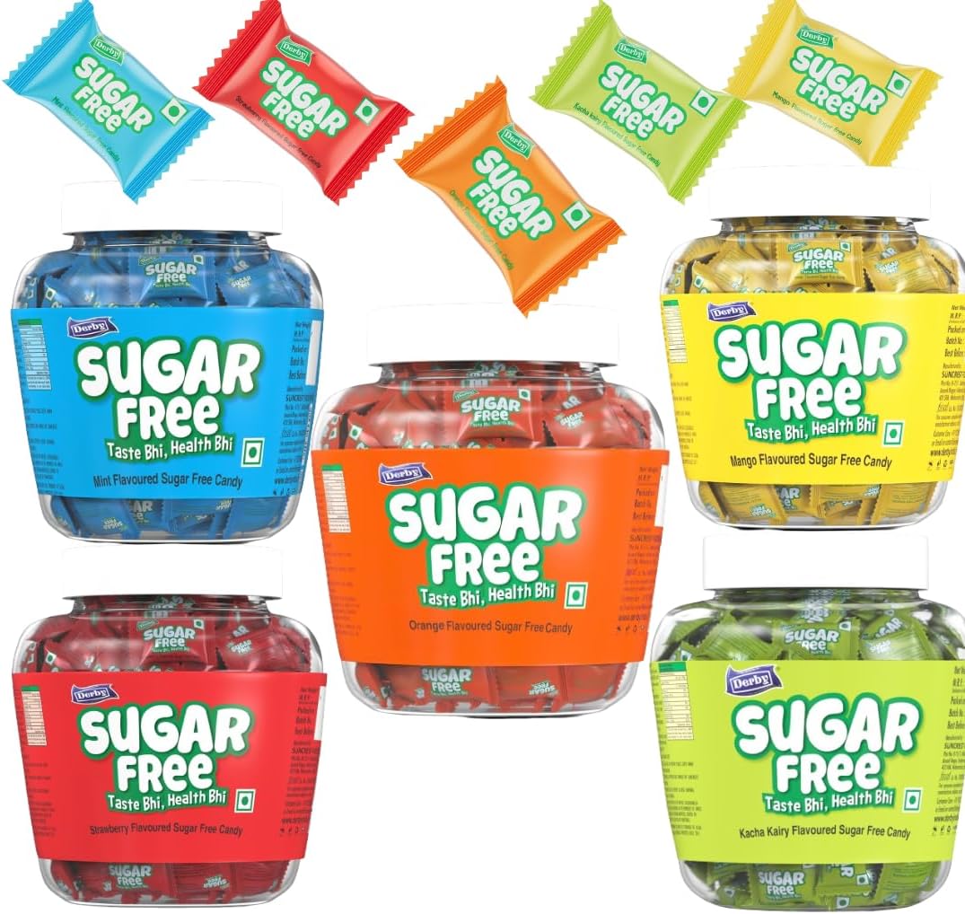 - Sugar Free Candies Combo Pack of 5 (330gm per Jar) Approx 115pcs each Jar | Orange | Mango | Strawberry | Kacha Kairy | Mint Flavored. Healthy & Tasty Candy.