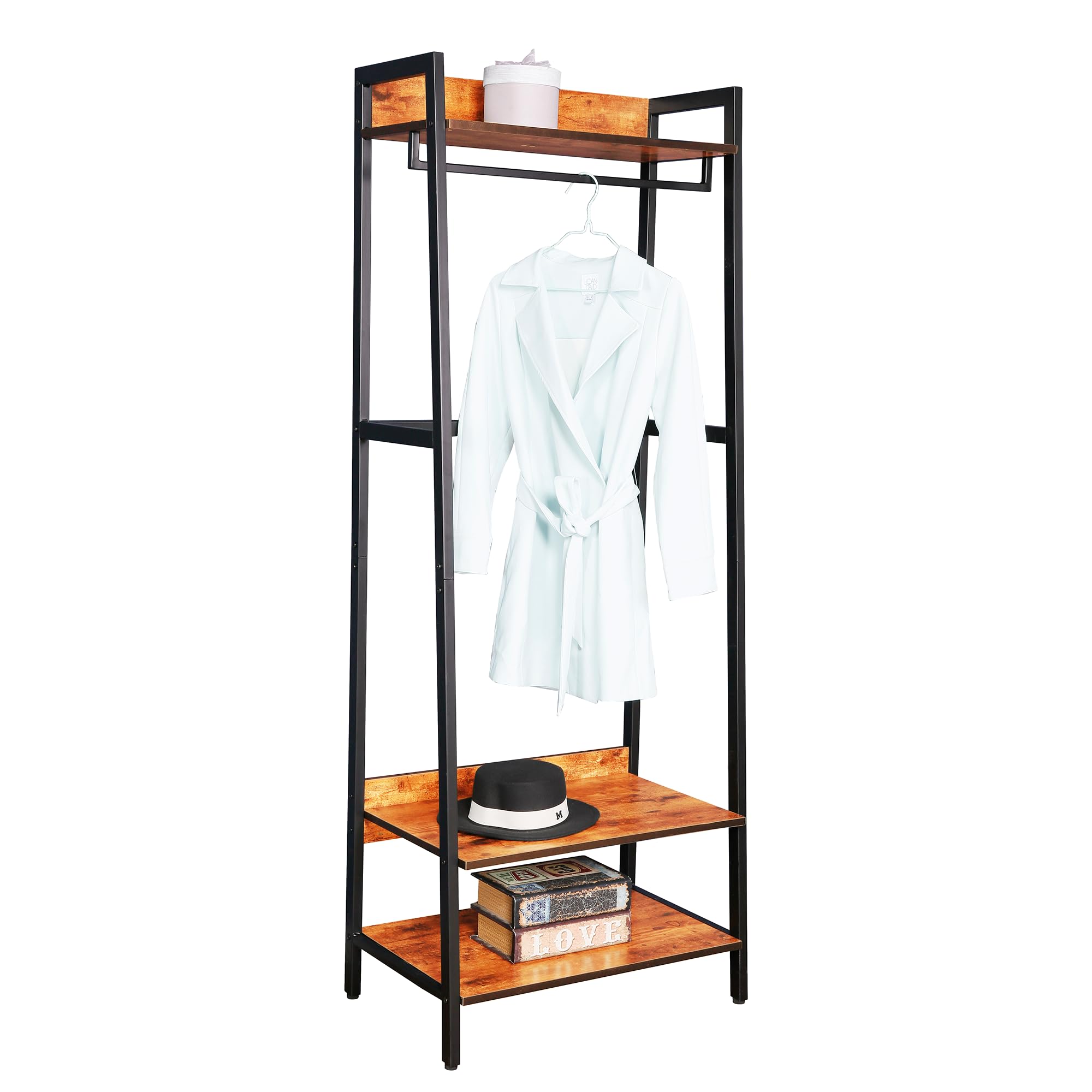 JJS 25.2" Entryway Coat Rack, Industrial Rustic Hall Tree Shoe Bench with Storage Shelves for Hallway, Wood Look Accent Furniture with Metal Frame, Rustic Brown