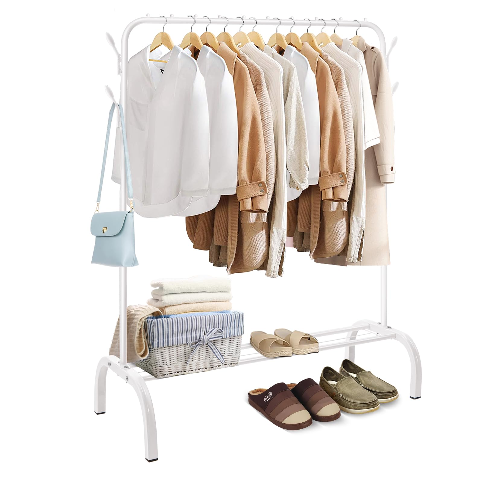 YORKING Clothes Rail, Garment Hanging Rail for Clothes with Shelf, Freestanding Clothes Rack for Coats Dresses Skirts Shoes Hats (White)