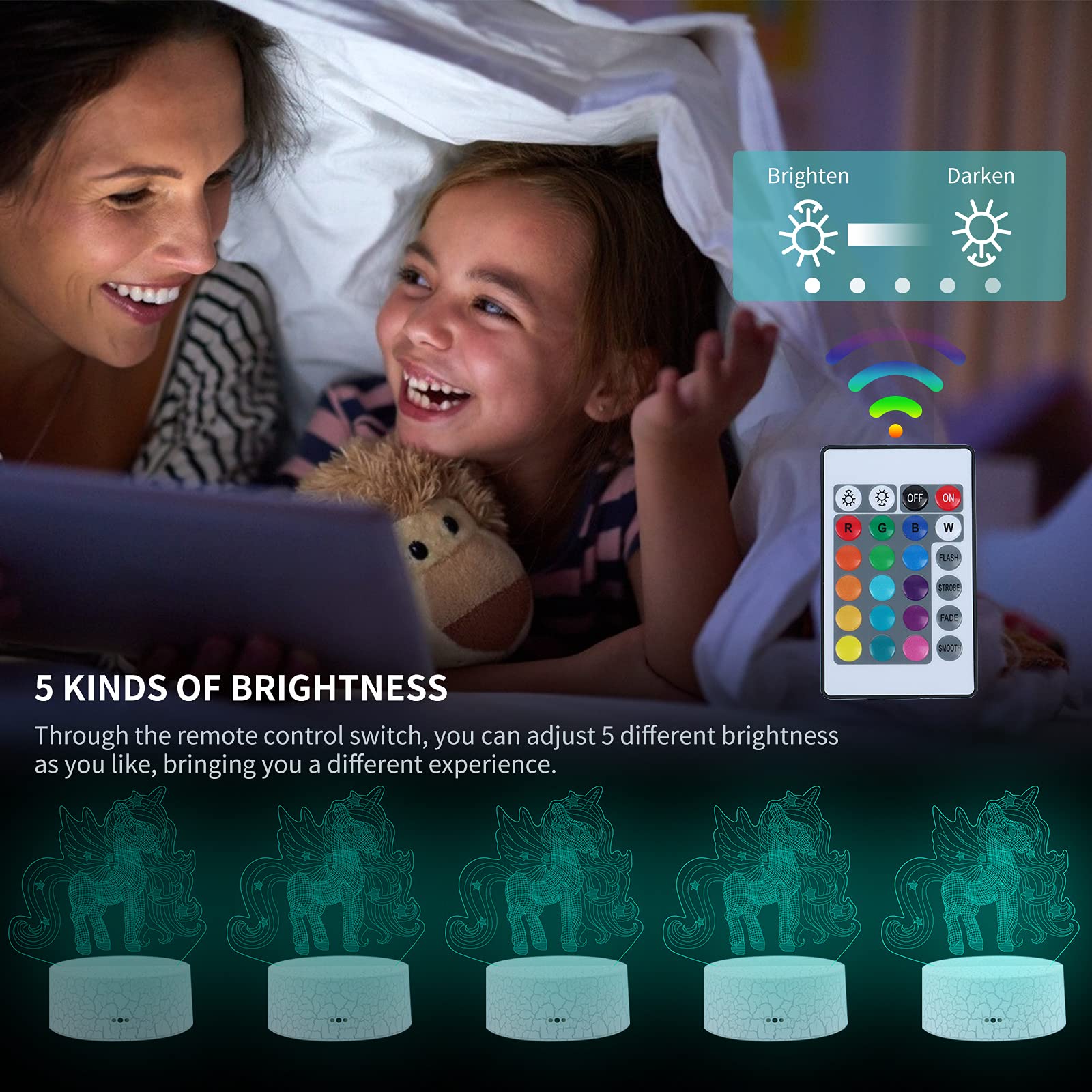Regali unicorno per ragazze, unicorno luce notturna per bambini, giocattoli per bambini età 3 4 5 6 7 8 9+ anni, lampada 3D cambia 16 colori con interruttore touch telecomando Idee regalo