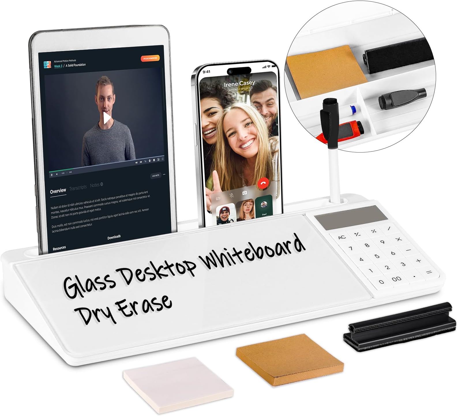 Desk Whiteboard Dry Erase Glass Desktop Whiteboard with Basic Calculator, Deskboard Buddy with Storage Organizer & Notepad Desktop Buddy Keyboard Stand for Home Office School Accessories Supplies