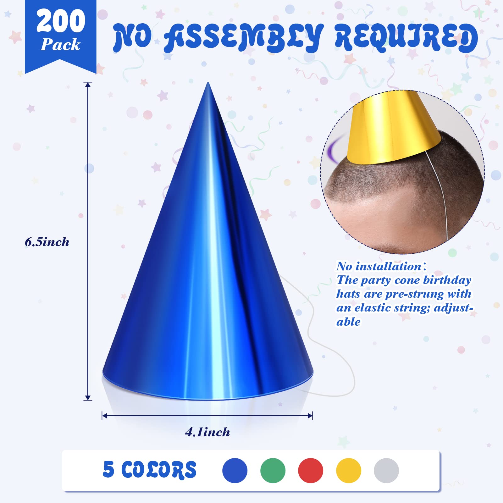 200 Pcs Birthday Party Hats Metallic Cone Bulk Multicolor Paper Hat with Elastic String for Youth Adults Pets, Gold, Silver, Red, Blue and Green