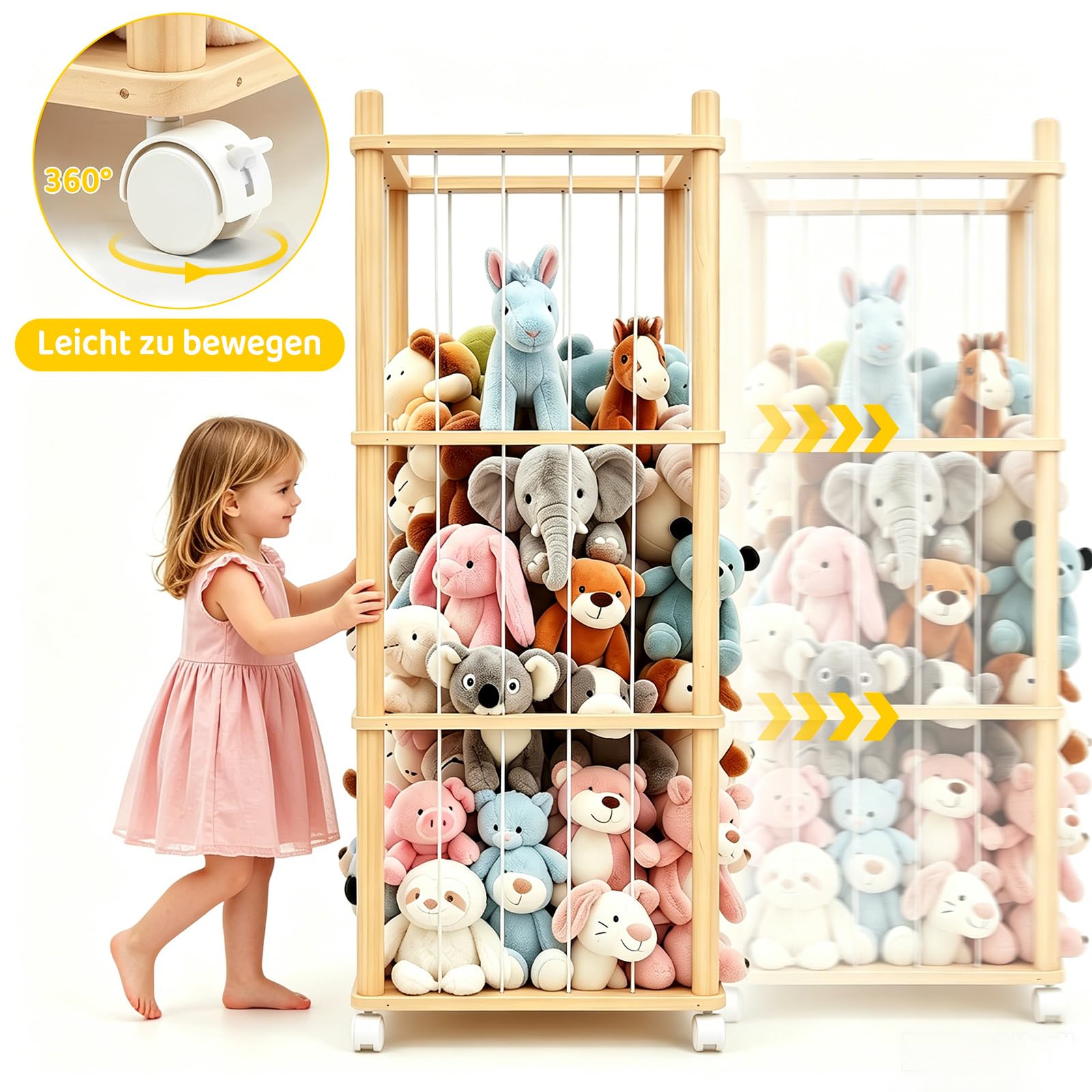 Kuscheltier Aufbewahrung, Stofftier Aufbewahrung mit 360°Drehrollen, Elastischem Band & Verbreiterter Sockel für Kinderzimmer Spielzimmer Schlafzimmer