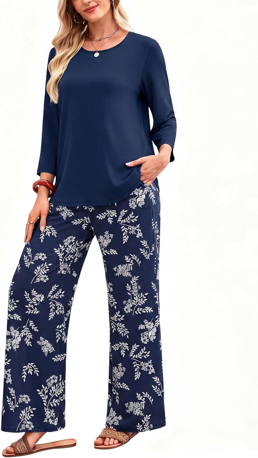 WIHOLL Two Piece Sets for Women Lounge 3/4 Length Sleeve Womens Tops Graphic Pants with Pockets Summer Outfits 2026 image 4