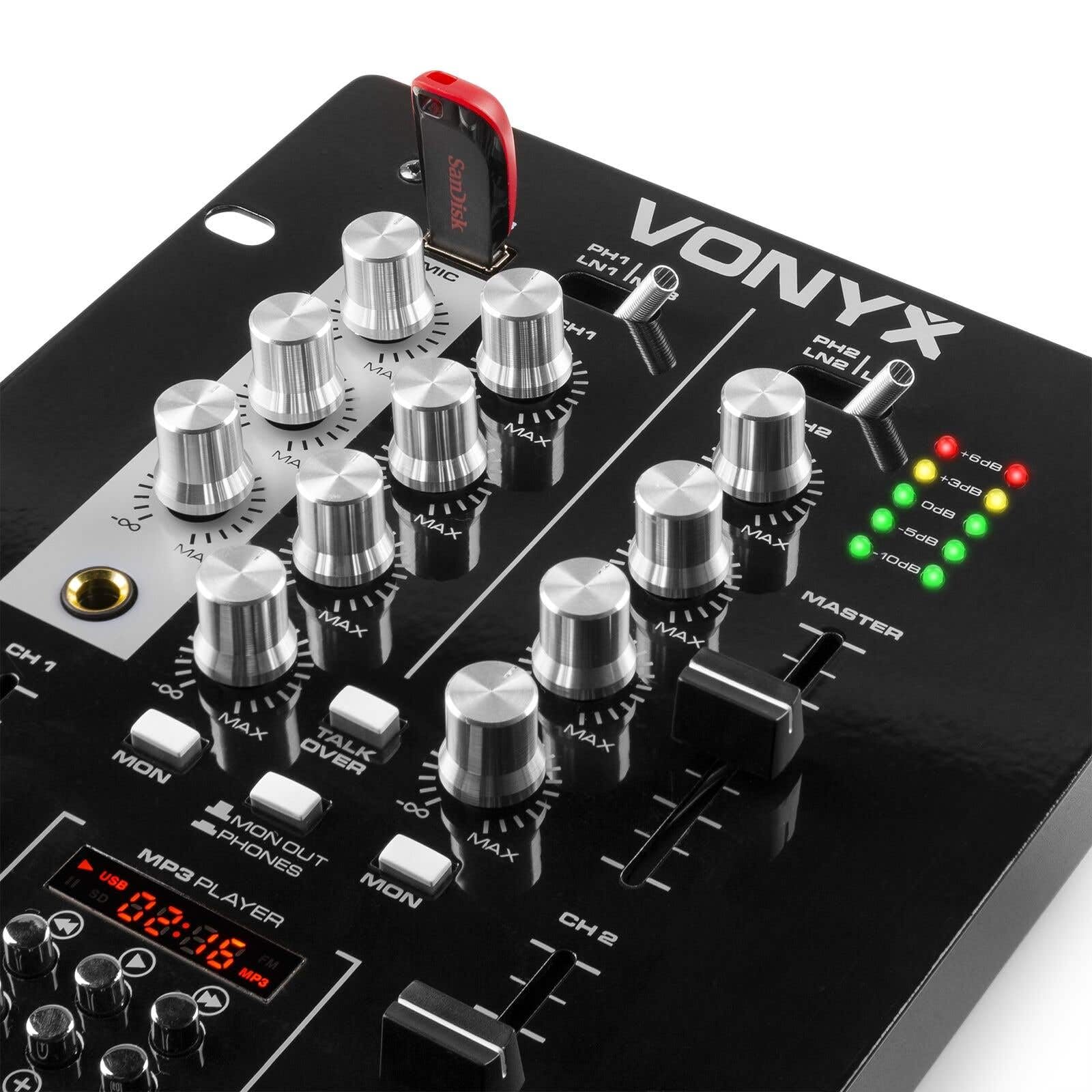 Vonyx STM-2300 Table de Mixage 2 Canaux - Entrée RCA Phono/Ligne Commutable, Sortie principale RCA et Sortie Casque, Egaliseur 3 Bandes sur les Canaux, Egaliseur 2 Bandes Mic, Idéal pour DJ Mobile