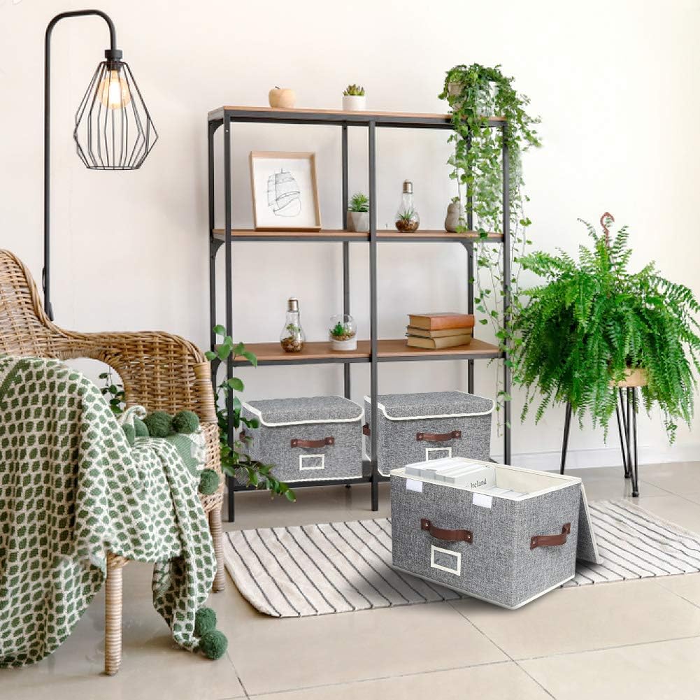 Sofier Storage Boxes with Lids 3 Pack Foldable Storage Bins with 3 Handles and Label Sturdy Decorative Fabric Baskets for Shelves Toys Books Clothes Organizer (Gray)