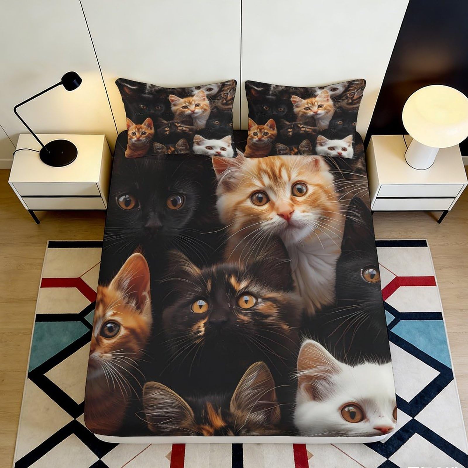 3D Printed Cat Portrait Fitted Sheet Microfiber Soft Breathable Kitten Cluster Mattress Cover for Bedroom Decor 90x200x25cm