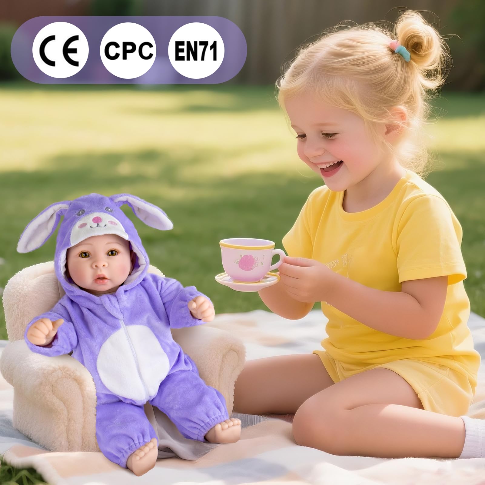 Real Baby Dolls - Muñeca de bebé realista de 17 pulgadas con cuerpo suave y trajes de conejo morado para niñas de 3 años o más, juego de simulación, disfraz, decoración de guardería 3