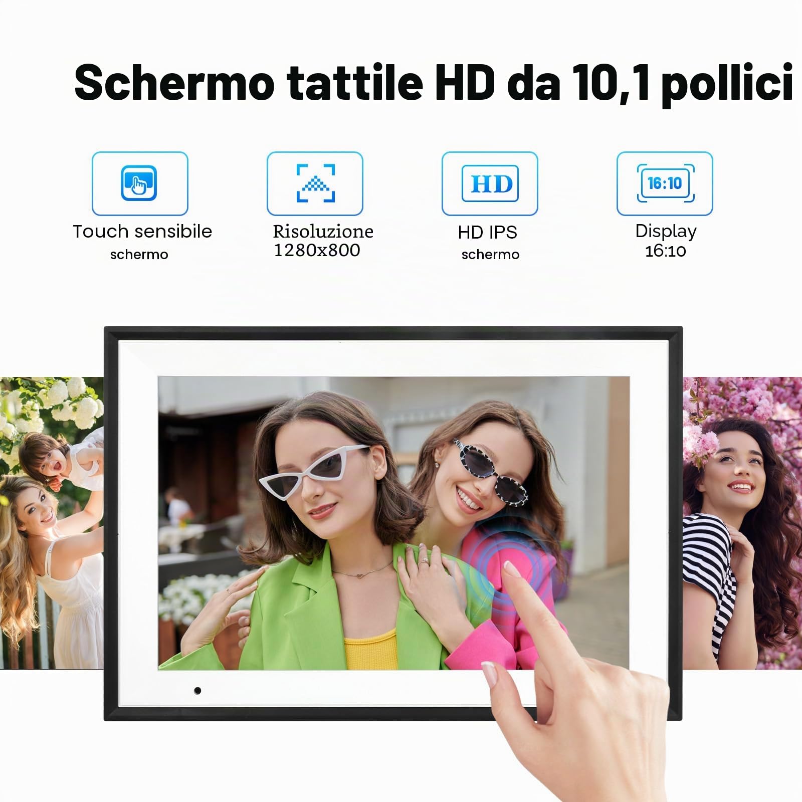 Anna Bella Cornice Digitale WiFi 10,1 Pollici, Cornice Elettronica 1280x800 HD, Memoria 32GB, Rotazione Automatica, Touchscreen Intelligente, Configurazione Remota Facile tramite App AiMOR