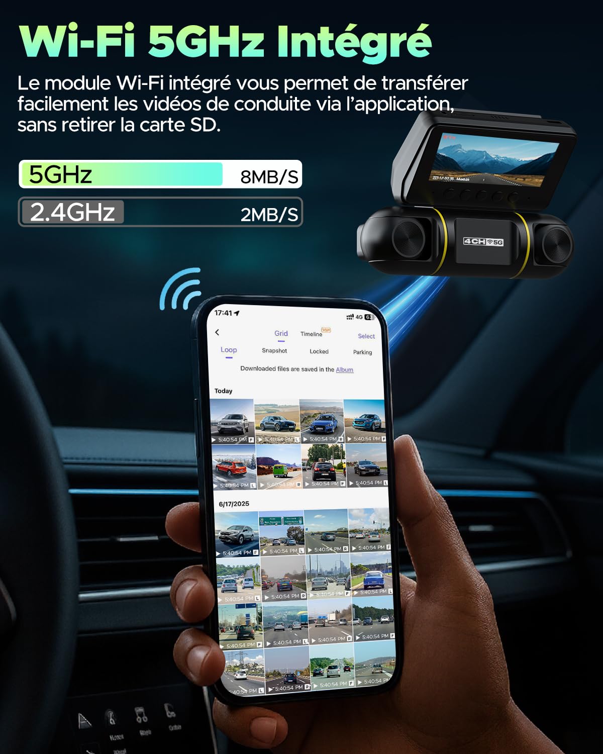 LAMTTO Dashcam Voiture 4 Caméras 360°, 1080P Avant Arrière Gauche Droite WiFi 5G Vision Nocturne IR Carte 128 Go Préinstallée Kit Hardwire Inclus Mode Parking G-Sensor Taxi VTC