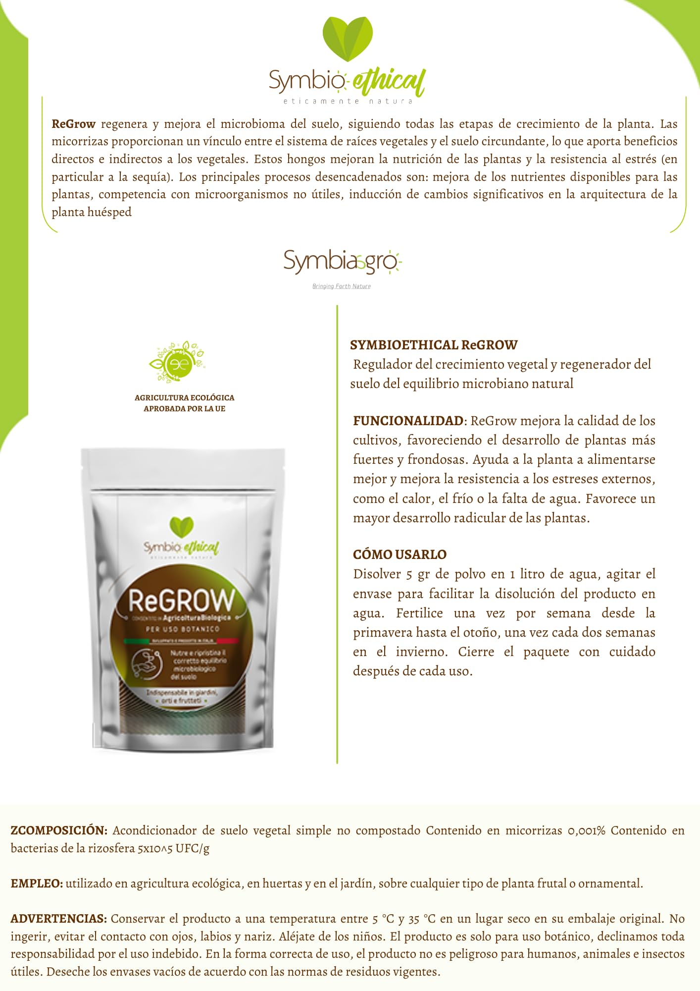 SYMBIOETHICAL - REGROW Biostimulante Enraizante para Plantas y Huertos, con Micorrizas y Microrganismos PGPR, para Agricultura Ecológica, Made in Italy, 500 gr