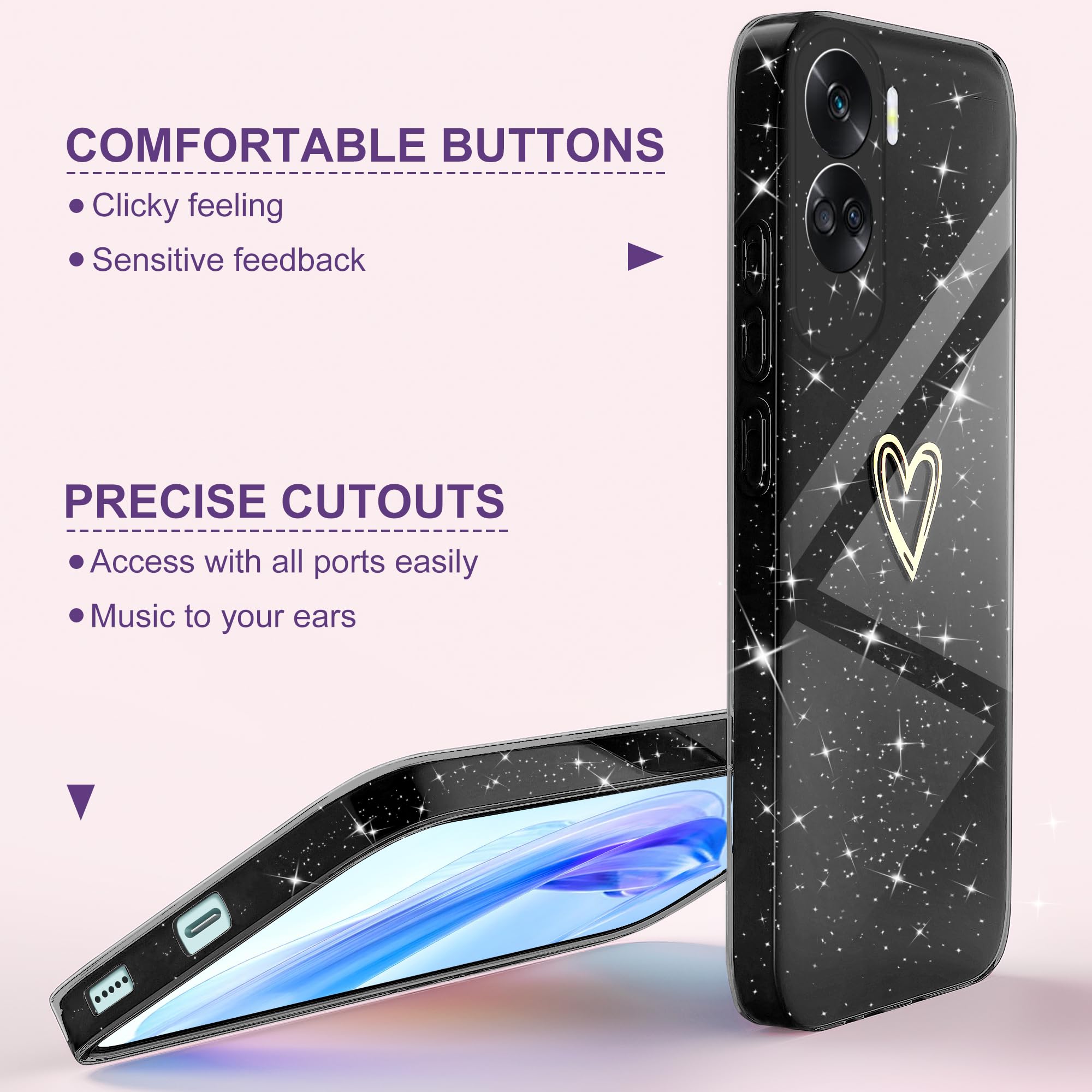 TEYYOS Cover Con Glitter Per Honor 90 Lite – Custodia Ibrida Trasparente, Antiurto, Nera - 2