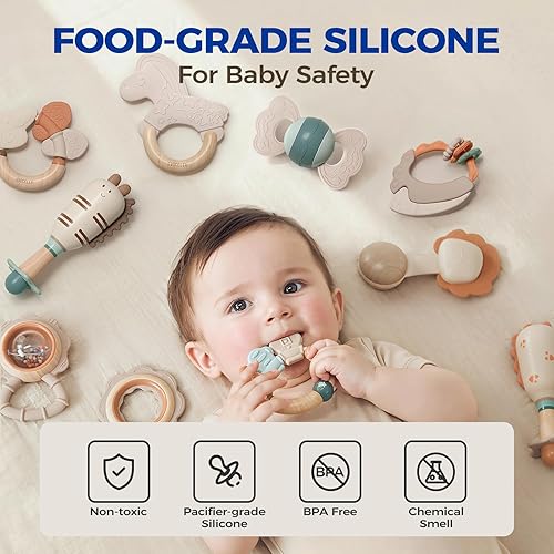Miniatura 4 de Evoceler Juguetes de dentición para bebés de 0 a 6 meses (30 súper suave, 50 suave, 70 regular), 10 juguetes agitadores, mordedores de silicona de