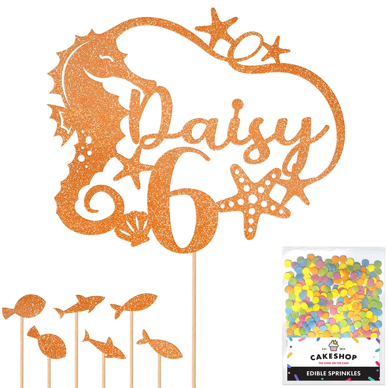 Personalised Birthday Seahorse Glitter Cake Topper- Copper Orange Any Custom Age & Name Glitter Cake Decoration and Sprinkles - Happy Birthday Decorations - Personalised Toppers for Cakes by Cakeshop โ image 1