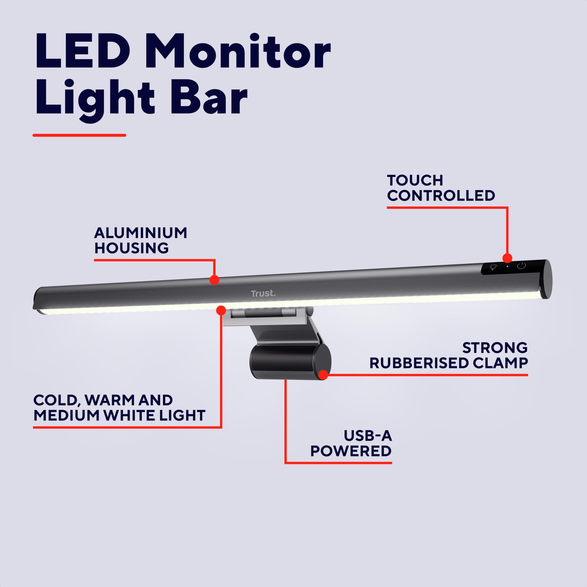 Trust Shyne Lampada Monitor PC LED 42cm, Anti-luce Blu e Anti-riflesso | Barra LED USB per Laptop, Light Bar Luce Bianca Fredda/Calda/Naturale, Desk Lamp Luminosità e Temperatura Regolabili