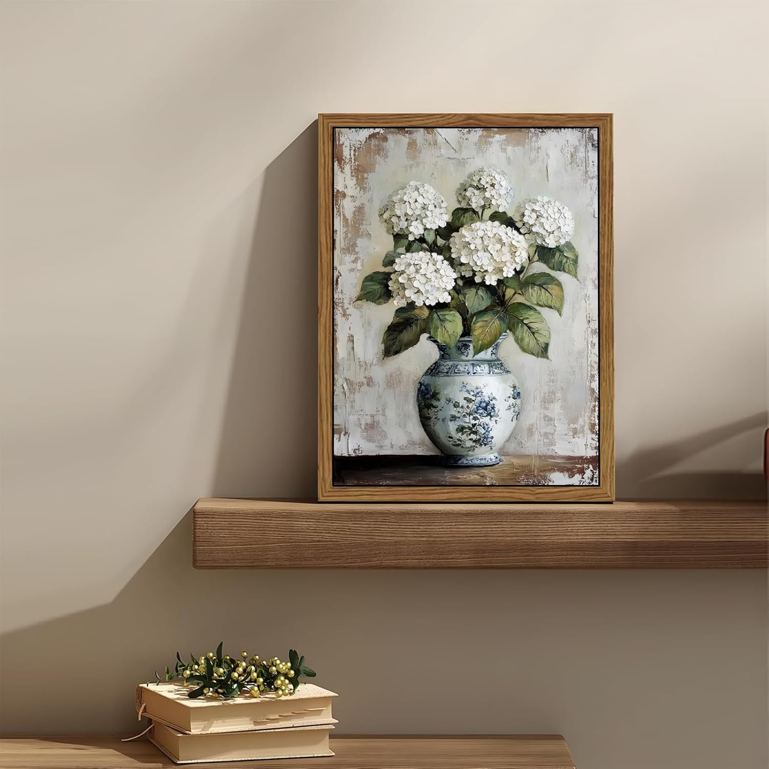 Vintage Chinoiserie Floral Canvas Wall Art White Hydrangea Wall Decor Print Farmhouse Still Life Painting Blue and White Porcelain Picture for home bedroom living room decoration 12x16in frame