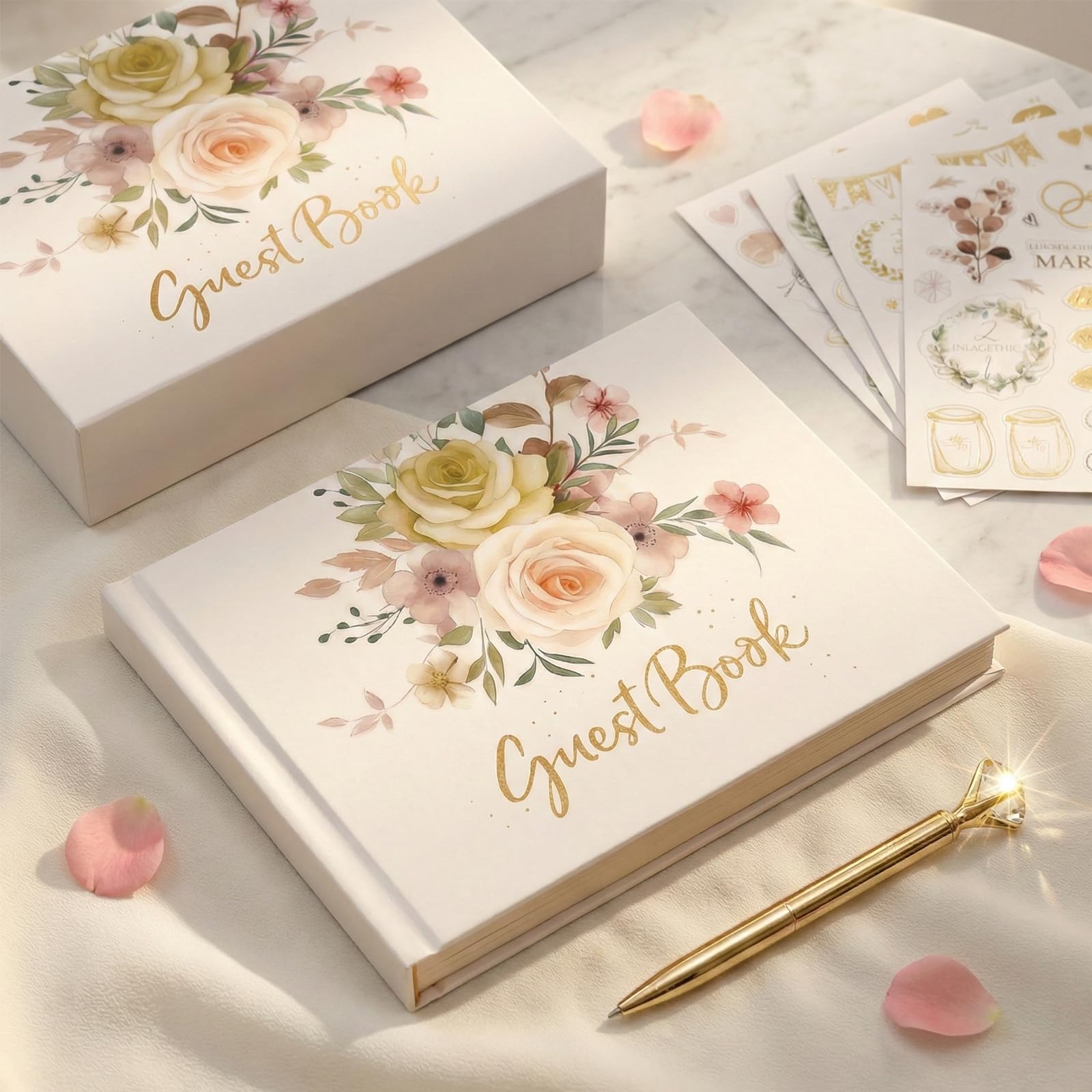 Gohgoh Wedding Guest Book with 2 Diamond Pens & Photo Stickers - 10x7 Inch Milk White Guestbook Sign in Book for Wedding Reception, 100 Thick Pages for Polaroid Photos and Wishes