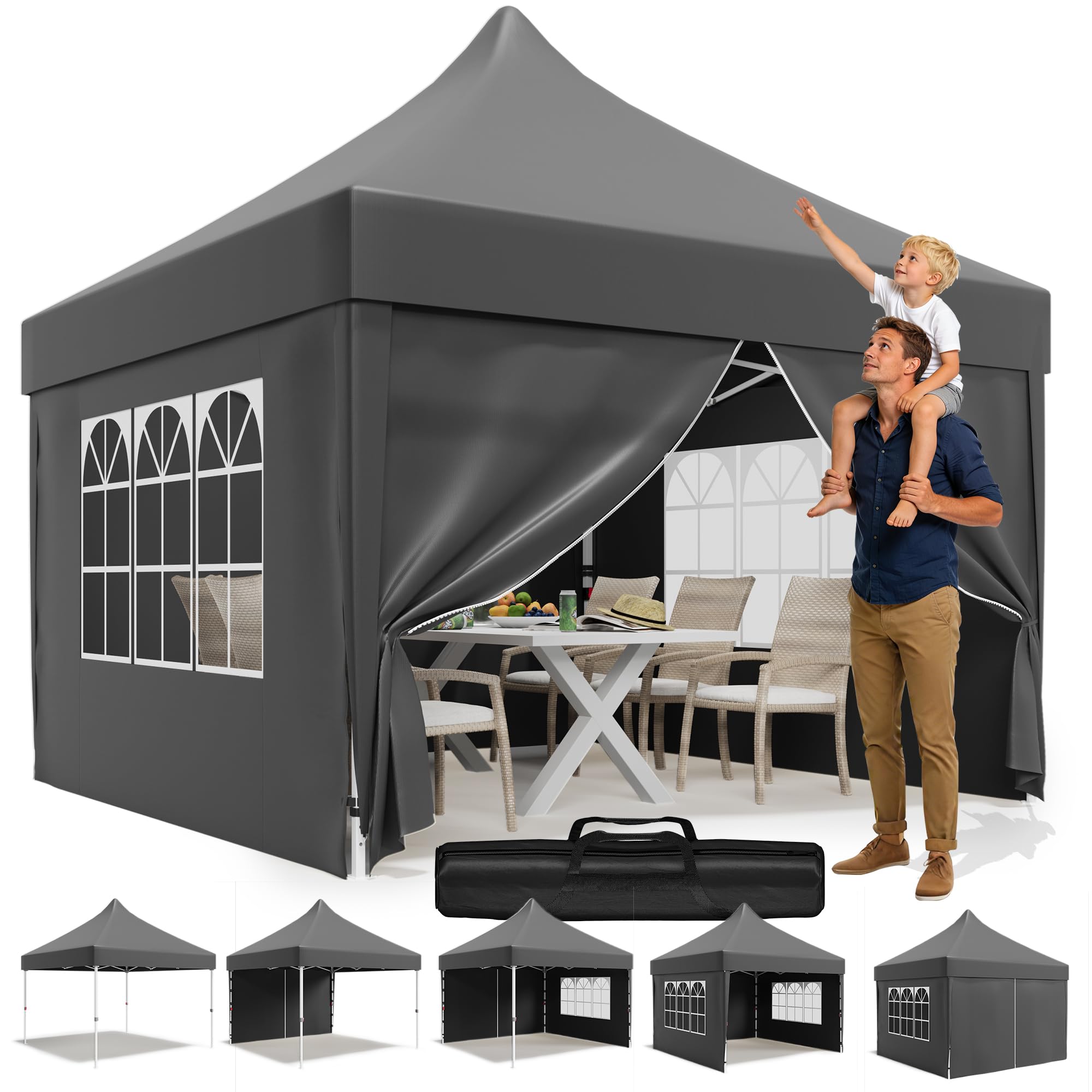 JUMMICO Faltpavillon 3x3 mit Hoher Spitze, um 60% Verbesserte Regenschutzleistung. UV 50+, Pavillon 3x3 Wasserdicht Stabil Winterfest, Shelter mit seitenwänden, für Garten und Camping, Dunkelgrau