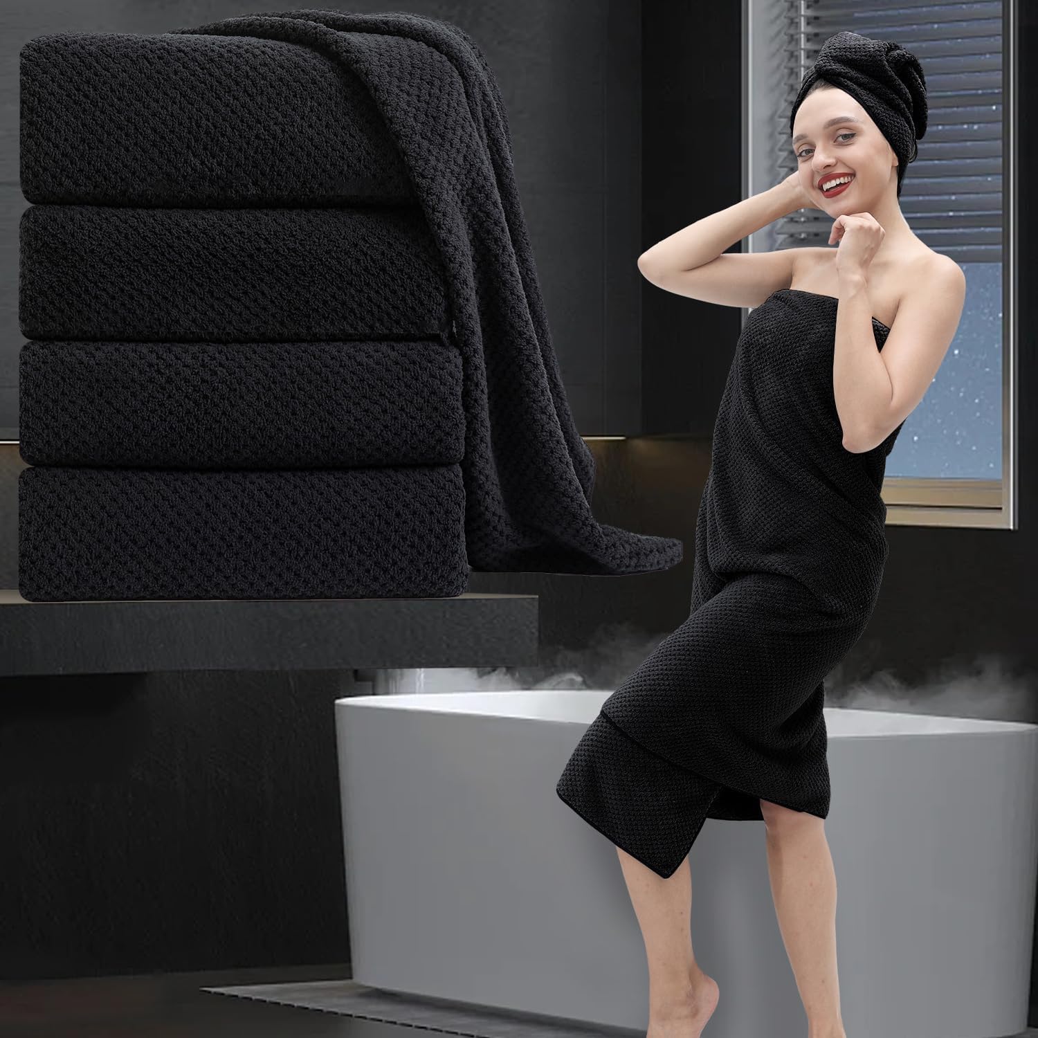 Towel Set 600g 8 Piece Bathroom Towels with 2 Oversized Bath Sheets, 2 Hand Towels and 4 Washcloths, Soft Absorbent Quick Dry Towel，Collection for Home Hotel (Black)
