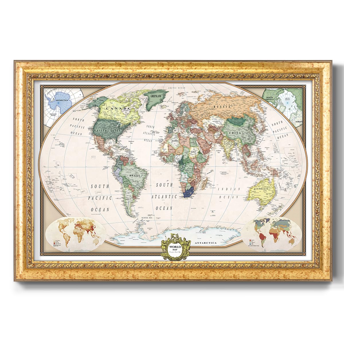 Renditions Gallery Colorful World Map Canvas Wall Art with Vintage Gold Frame Wall Hanging Travel Map with Push Pins for Home, Office, Classroom