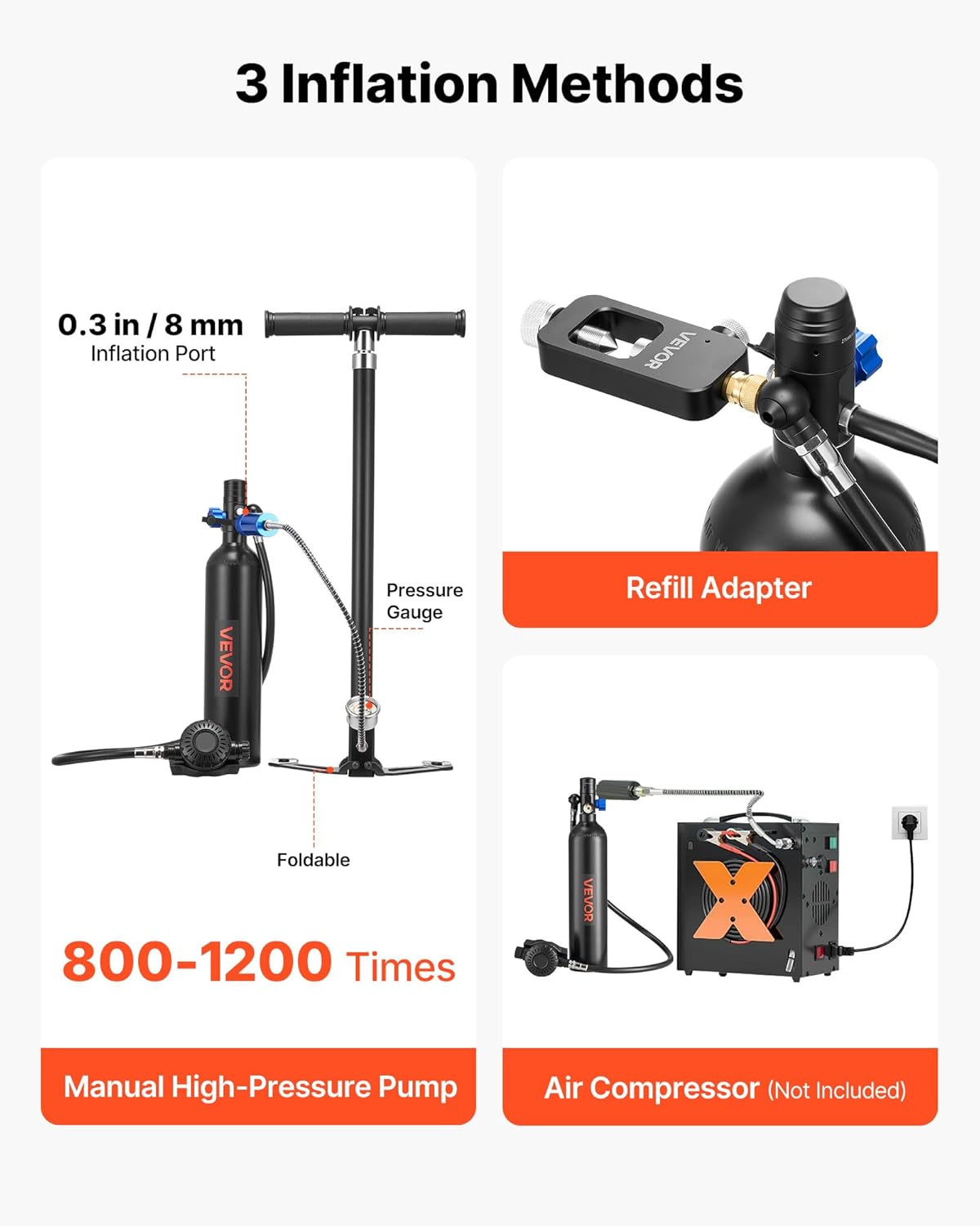 VEVOR Mini Scuba Tank, 1L Portable Diving Tank for Underwater Breathing, Reusable Lung Diving Cylinder up to 20 Minutes Dive Time, Emergency Rescue Pony Bottle with Adapter & Goggles for Snorkeling