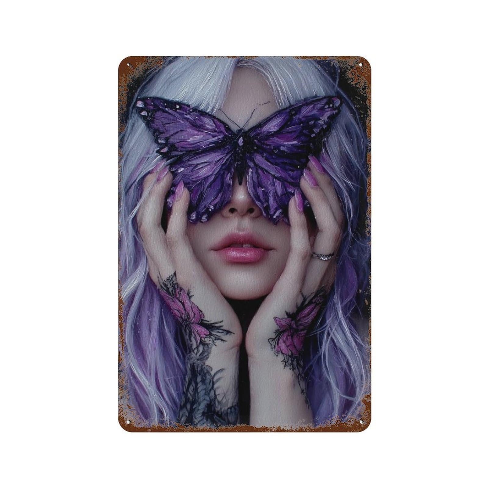 Garage Style Purple Butterfly Tattoo-2 Distressed Metal Wall Sign 11.8"x7.9", Rustic Home Decor for Bar And Workshop